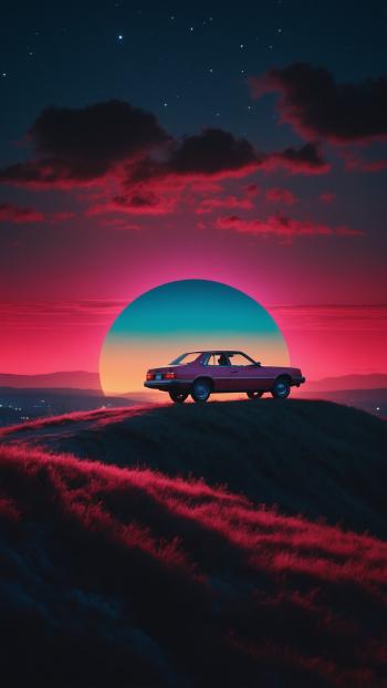 Fondo de pantalla de Fondo de Pantalla de Escena romántica retro con coche y luces de neón