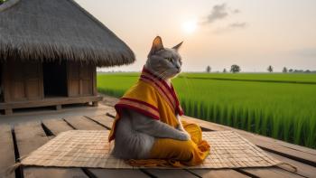 Fondo de pantalla de Gato Sereno con Túnica de Monje Theravada en Campos de Arroz Bajo el Sol de la Tarde