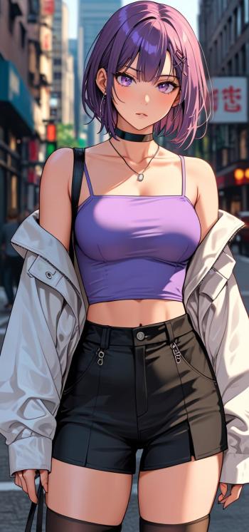 Fondo de pantalla de Chica anime con estilo urbano y cabello púrpura