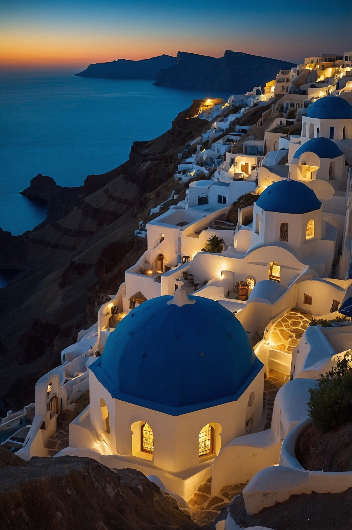 Vista nocturna del mar y Santorini desde lo alto